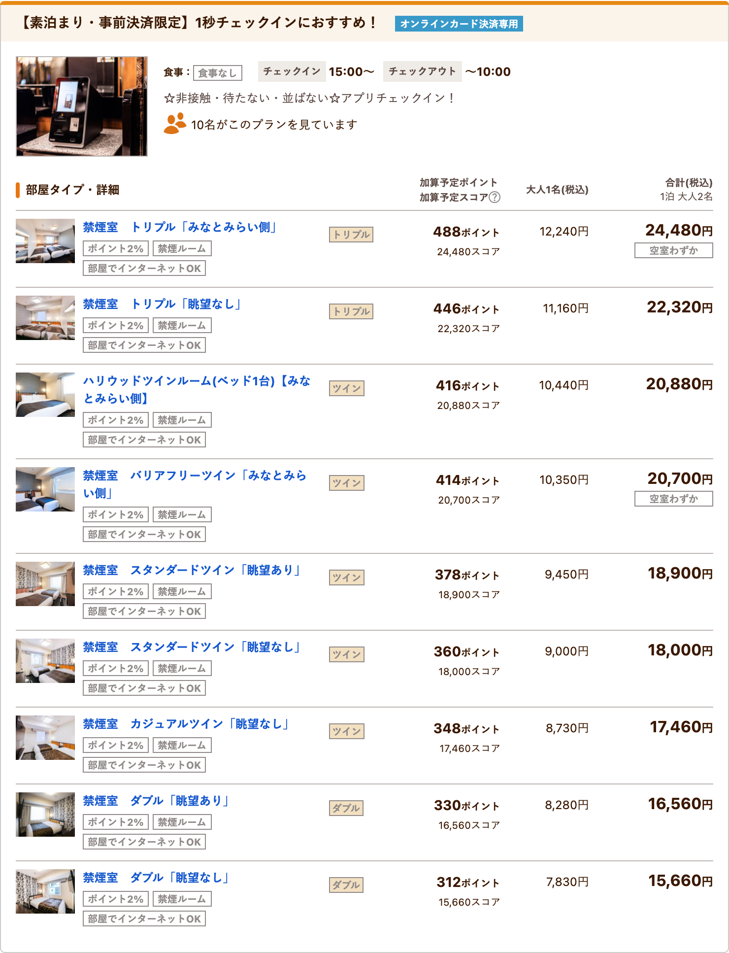 じゃらんnetのアパホテル&リゾート横浜ベイタワーの素泊まりプラン一覧。ダブル眺望なしが合計15,660円と表示されている