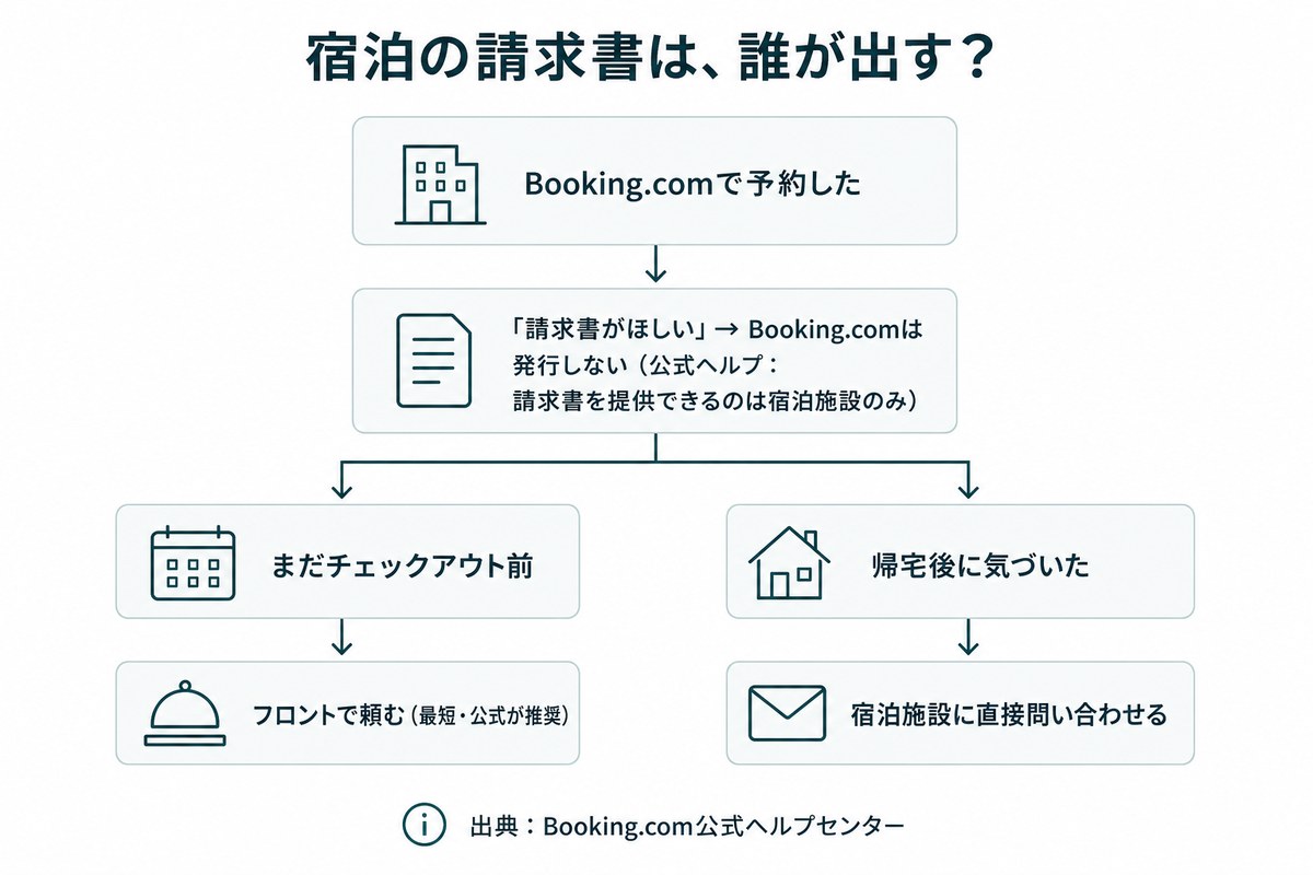 Booking.comの宿泊の請求書を誰に頼むかを示したフローチャート