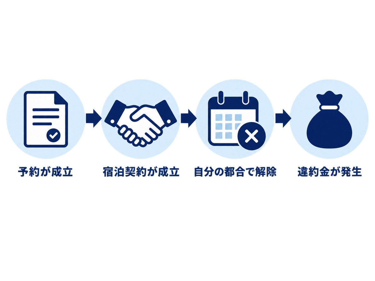 予約成立から宿泊契約成立、自己都合の解除、違約金発生までの流れの図解