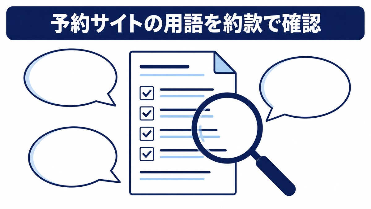 ホテル予約サイトの用語を宿泊約款で確認するイメージ図