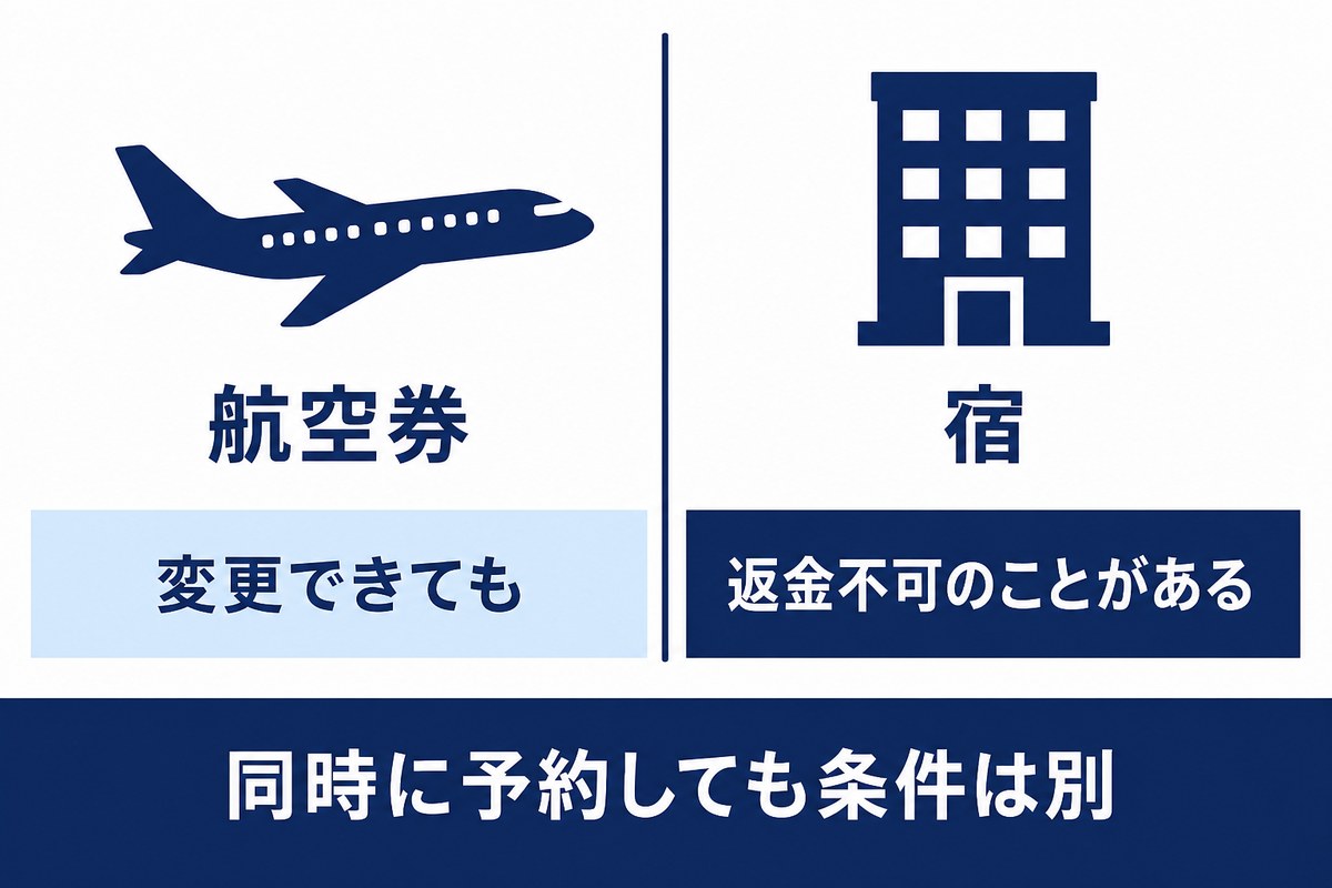 航空券が変更できても宿は返金不可のことがあり、同時に予約しても条件は別であることを示した図