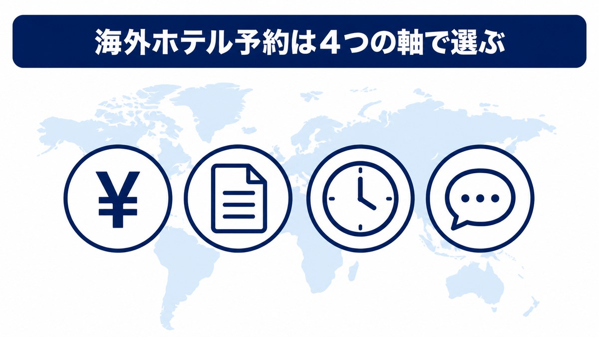 海外ホテル予約サイトを選ぶ4つの軸を示す図解