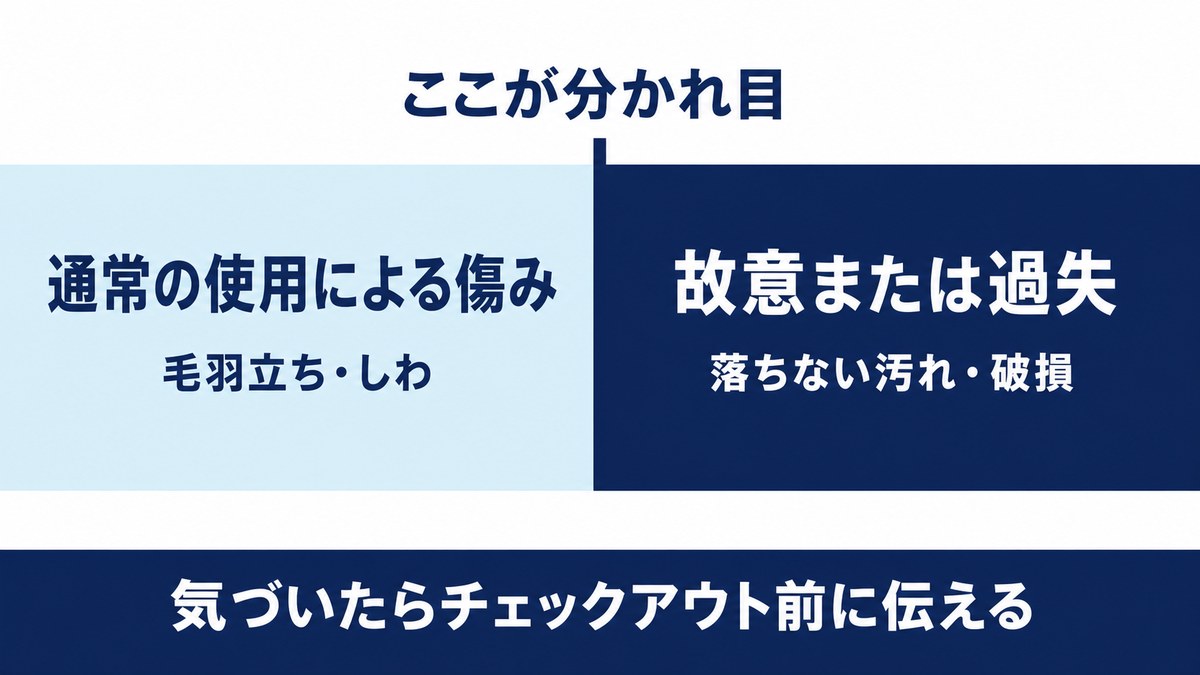 通常の使用による傷みと、故意または過失による落ちない汚れ・破損の分かれ目を示した図